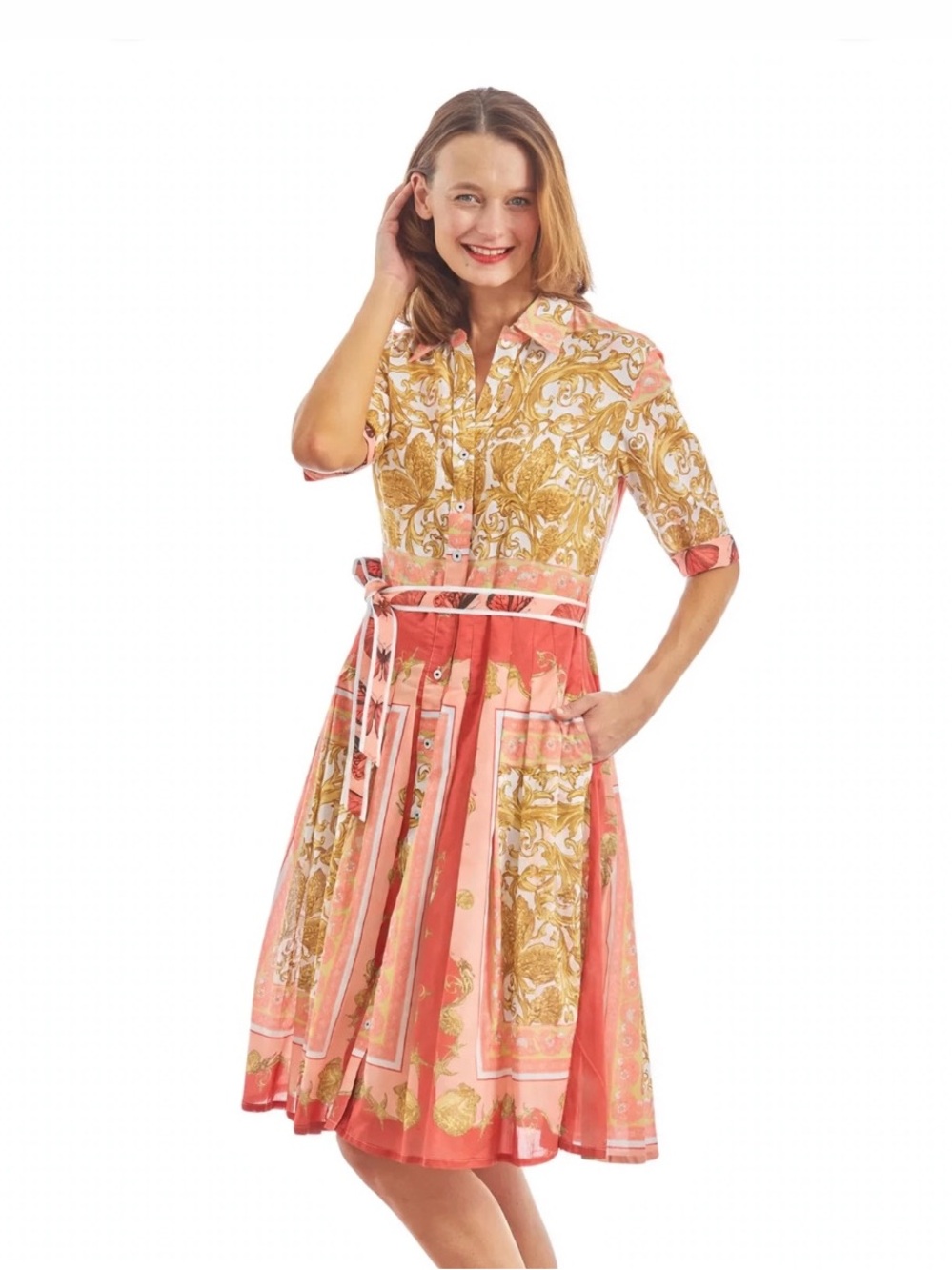 Dizzy Lizzie || Mrs. Maisel Scroll Print Belted Shirt Dress Peach Gold Medium